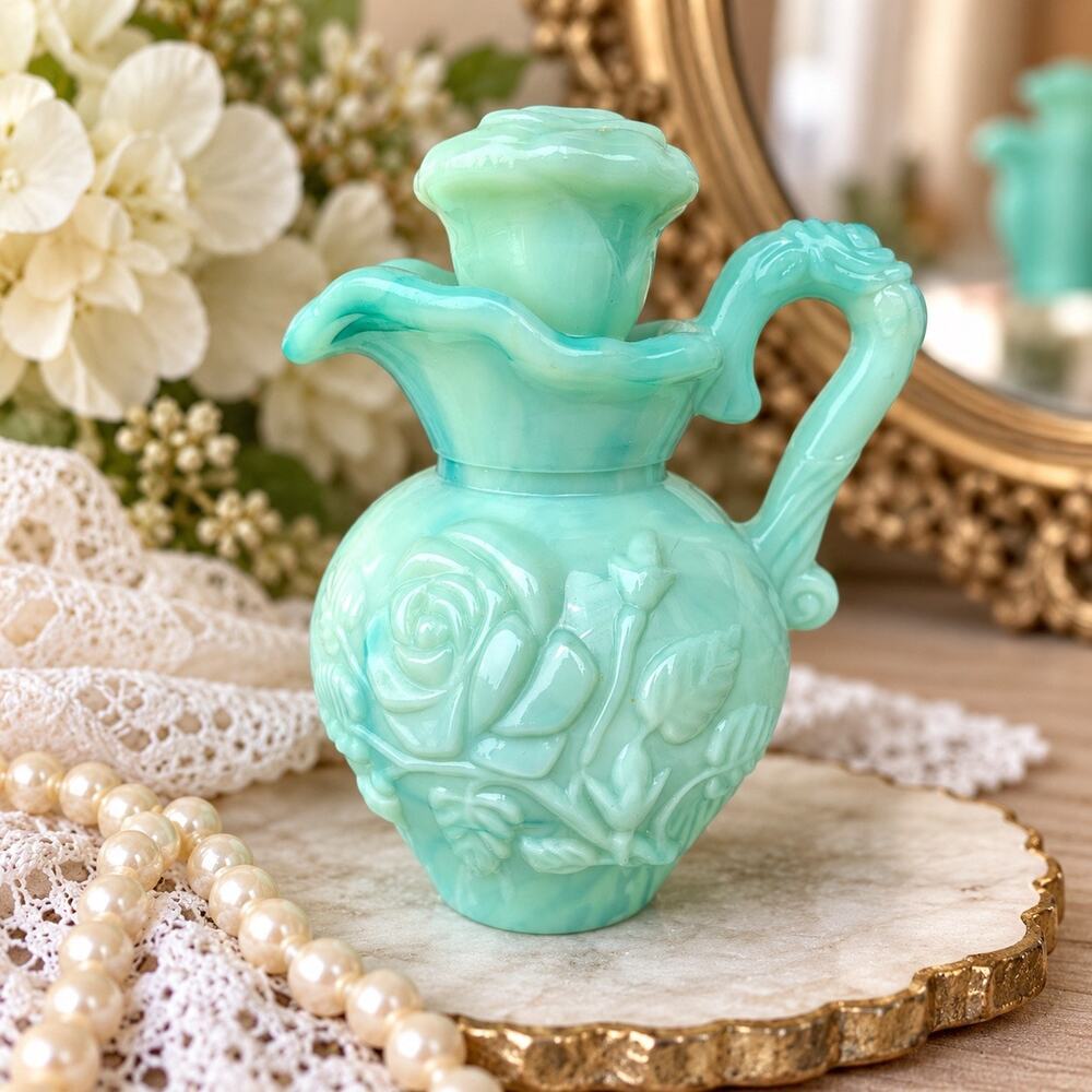 Vintage Avon Jadeite Green Milk Glass Rose Pitcher Perfume Bath Oil Bottle